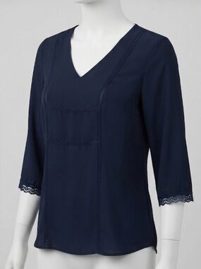 twik Dark Navy V‑Neck Blouse with Lace Trim Sleeves